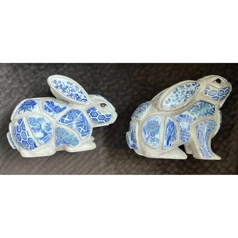 Nancy Lopez Vintage Blue Mosaic Rabbit/ Bunny Candleholder Set 1980 EUC